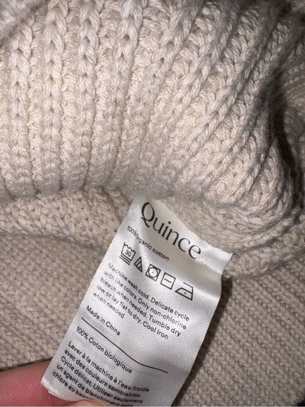 QUINCE Organic Cotton Fisherman Chunky Knit Cream V-Neck Ribbed Sweater Large - Picture 6 of 9